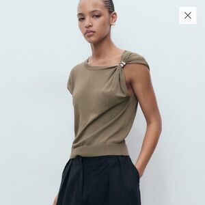 Mango Metal Detail Knit Green Beige Ecru Silver Elegant Olive Green  Top